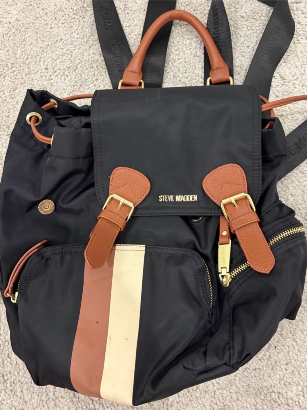 Steve Madden Black Backpack with Brown Accents and Cream Stripe